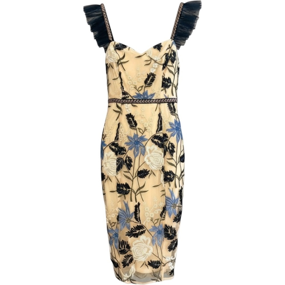 Lulus Embroidered Tulle Midi Dress S Beige Blue Black Floral Sequin Ruffle Strap